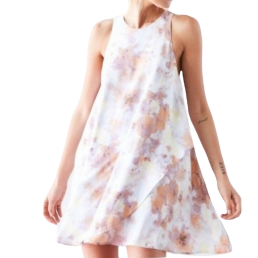 Silence + Noise Watercolor Tie Dye Mini Dress M Boho A-line Swing Keyhole Back